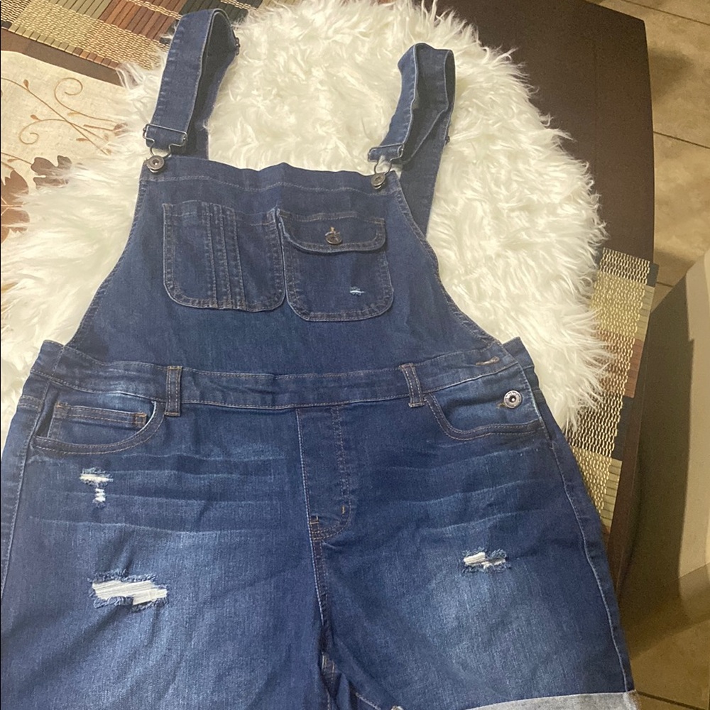 Wax Jean Dark Blue Distressed Denim Short Overalls